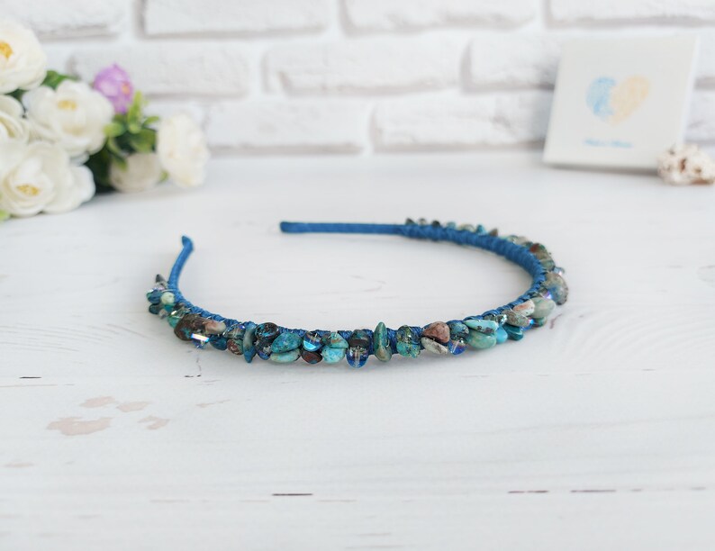 Chrysocolla gemstone headband, Blue green crystals crown girl, Sparkle Birthday hairband, Bling wedding hair jewelry, Bridal stone headpiece image 5