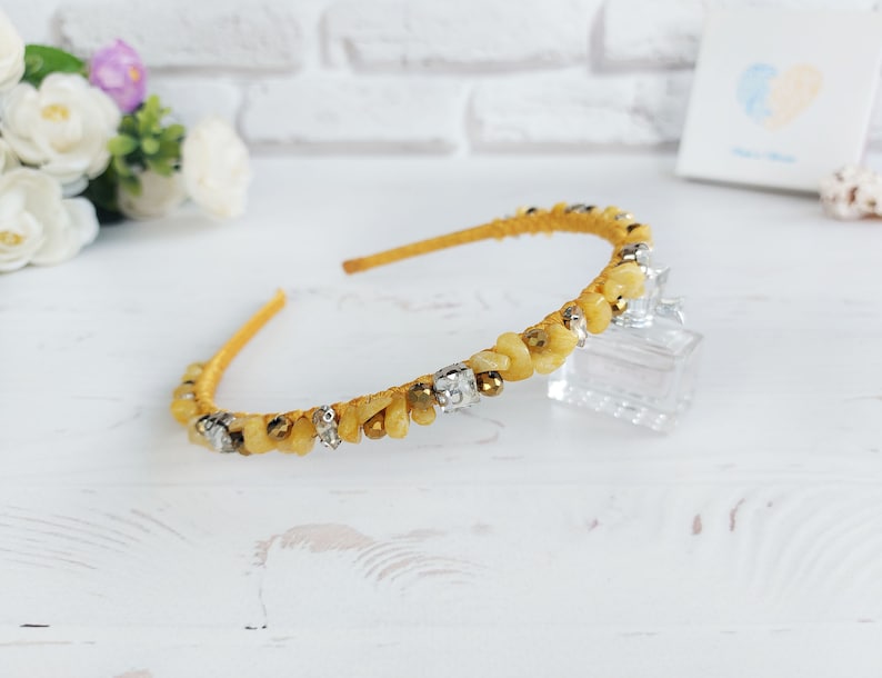 Gold crystals thin crown, Bling wedding headpiece, Beach bridal tiara crown, Yellow Quartz gemstone hair accessories, Beaded hair piece girl image 4