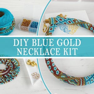 May include: A DIY blue gold necklace kit featuring a spool of turquoise thread, small containers of gold and blue beads, gold-toned metal clasps, and a finished beaded necklace with a geometric pattern in turquoise, gold, and dark red colors.