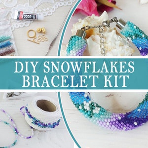 May include: A DIY Snowflake Bracelet Kit with the text "DIY SNOWFLAKES BRACELET KIT". The kit includes a beaded bracelet in shades of blue, purple, and white, along with beads, glue, clasps, and tools. The bracelet is approximately 7 inches in length.