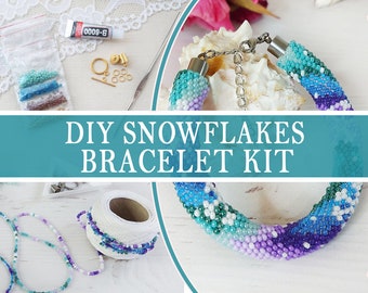 How to make seed bead bracelet kit, Diy snowflakes beading kit, Winter seed bead crochet bracelet pattern, Beadweaving Craft kit for adults