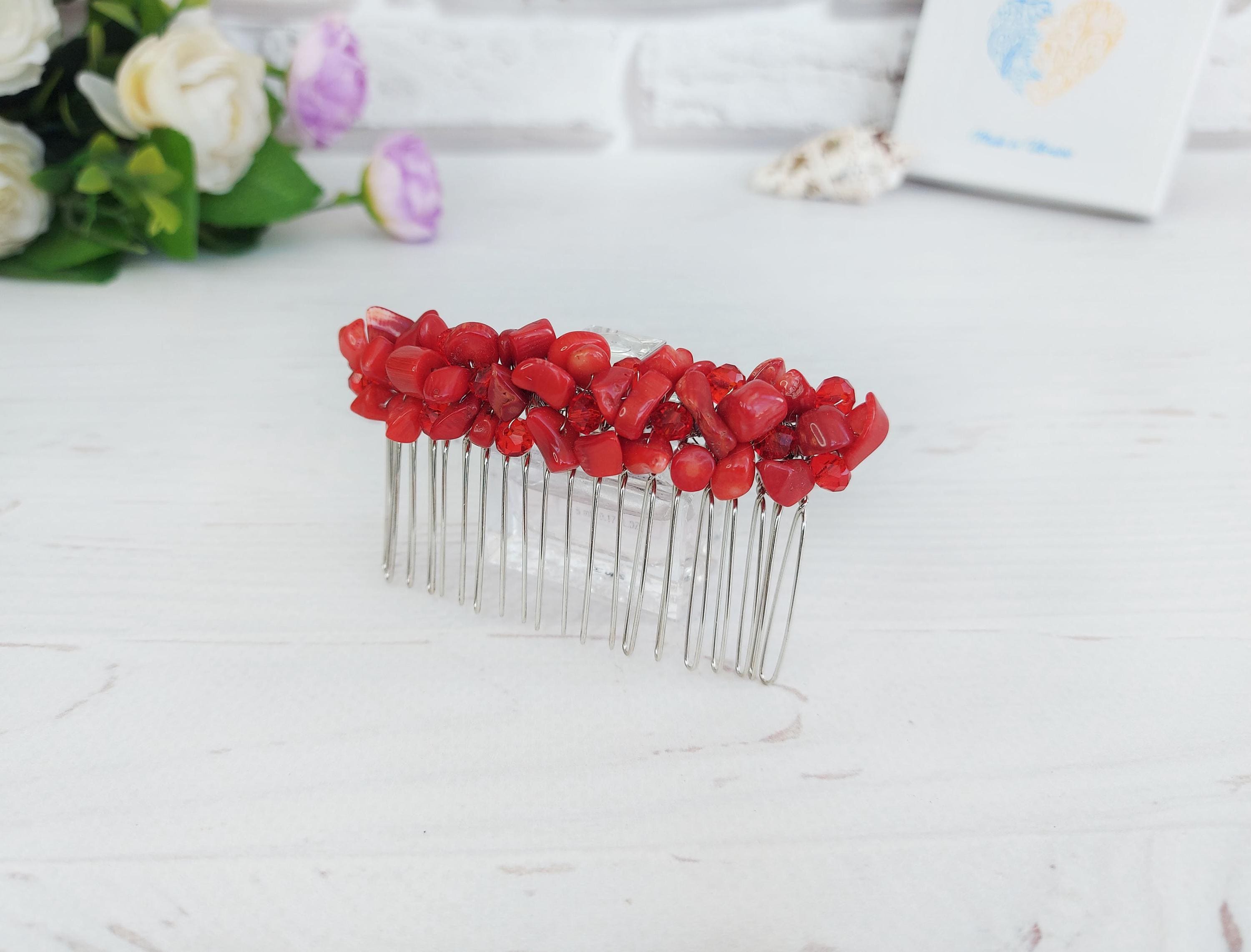 Red Coral Chip Barrette Hair Clip Red Coral Flower Barrette: Sterling Silver Bangs Clip - Etsy  main image 3