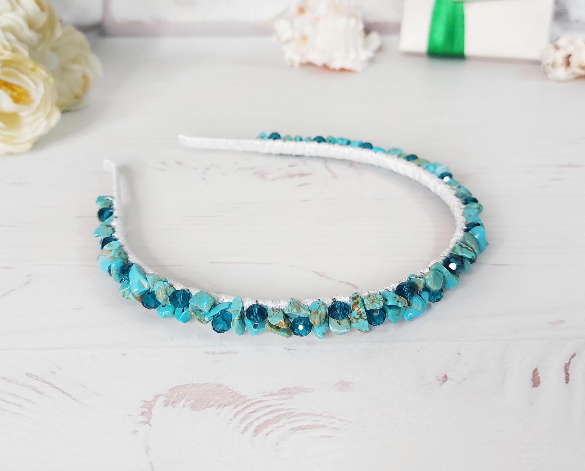 White Head Band  with Turquoise Stones and Crystal Accents Handmade Jeweled Headbands | Bejeweled Headbands main image 3