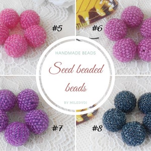 May include: Four clusters of round seed beaded beads arranged in a grid, labelled #5, #6, #7, and #8. The beads are pink, magenta, purple, and dark blue. A central circular graphic contains the text HANDMADE BEADS Seed beaded beads BY MILEDYDI.