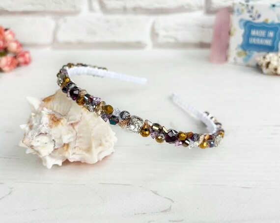 Purple and gold  crystal thin headband Sadie Vertical Colorblock Luxe Beaded Thin Headband Purple  main image 4