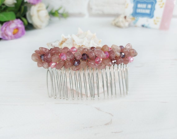 Strawberry Quartz Jewelry Hair Sparkle Hair Comb Pink Beaded Hair
