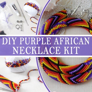 May include: A DIY purple African necklace kit featuring small colorful beads in purple, orange, yellow, and black, a white ball of thread, a crochet hook, metal findings, and a toggle clasp, with a finished beaded necklace shown as an example.