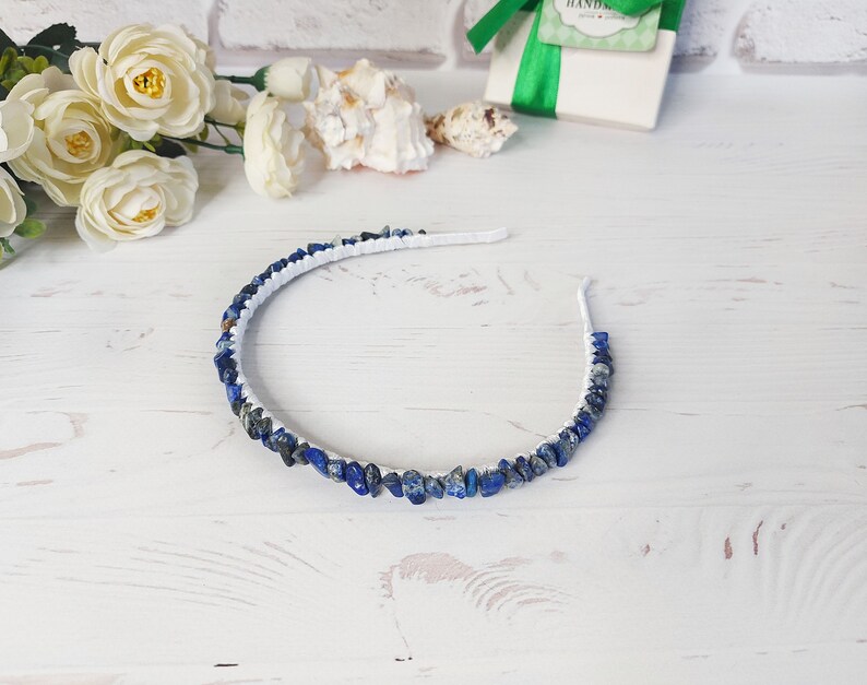 Navy blue beaded headband, Woman boho hairband, Blue crystals crown, Lapis lazuli gemstone hair accessories, Bridal wedding hair piece women image 4