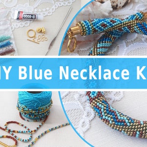 Puede incluir: Kit de collar azul de bricolaje con cuentas, hilo e instrucciones. El collar es azul, dorado y marrón.