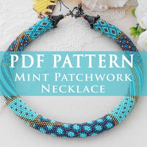 Digital pattern necklace, Mint blue patchwork necklace PDF pattern, Seed bead crochet rope pattern for adult, Jewelry making DIY pattern,