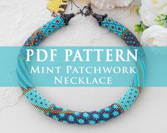 Digital pattern necklace, Mint blue patchwork necklace PDF pattern, Seed bead crochet rope pattern for adult, Jewelry making DIY pattern,