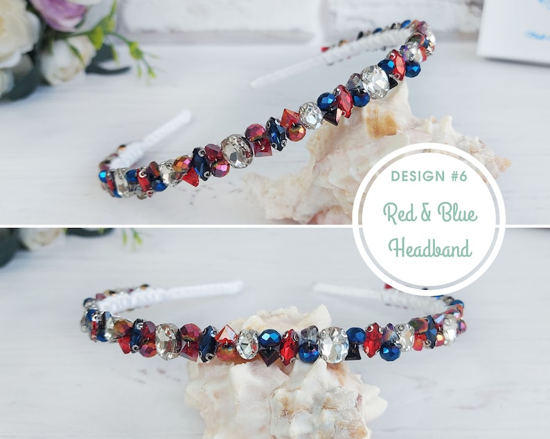 Blue red rhinestones tiara crown wedding, Bling modern hair band, Bridal crystals headpiece, Embellished sparkle headband, Beaded hair piece Design #6