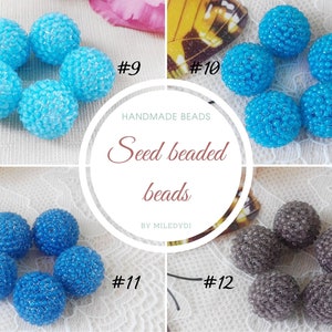 May include: Four groups of five round seed beaded beads arranged in a circle. The groups are labeled #9 in light blue, #10 in bright blue, #11 in dark blue, and #12 in dark gray. The center text reads HANDMADE BEADS Seed beaded beads BY MILEDYDI.