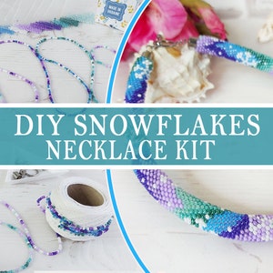 May include: A DIY Snowflakes Necklace Kit is displayed, featuring a completed beaded necklace in shades of blue, purple, and white. The image includes spools of thread, beads, and the text "DIY SNOWFLAKES NECKLACE KIT."