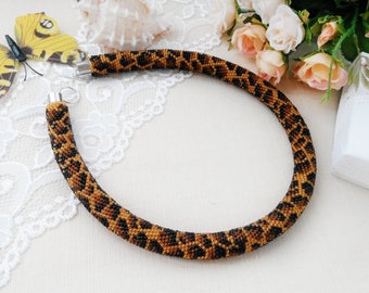 Leopard seed beaded crochet necklace Beading big cat jewelry African brown beaded choker necklace Mother's Day women gift
