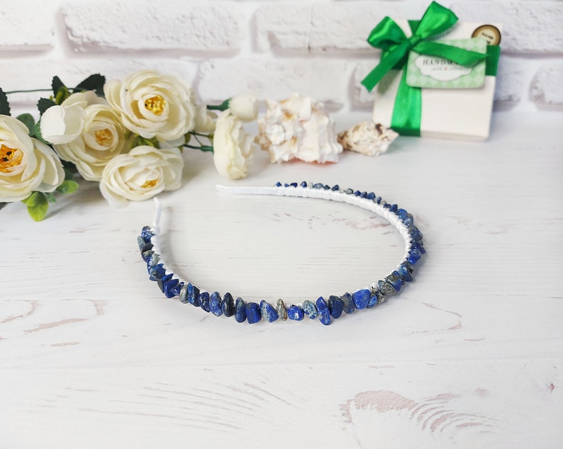 Navy blue beaded headband, Woman boho hairband, Blue crystals crown, Lapis lazuli gemstone hair accessories, Bridal wedding hair piece women image 2