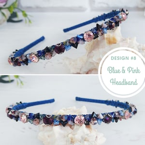 Blue red rhinestones tiara crown wedding, Bling modern hair band, Bridal crystals headpiece, Embellished sparkle headband, Beaded hair piece Design #8