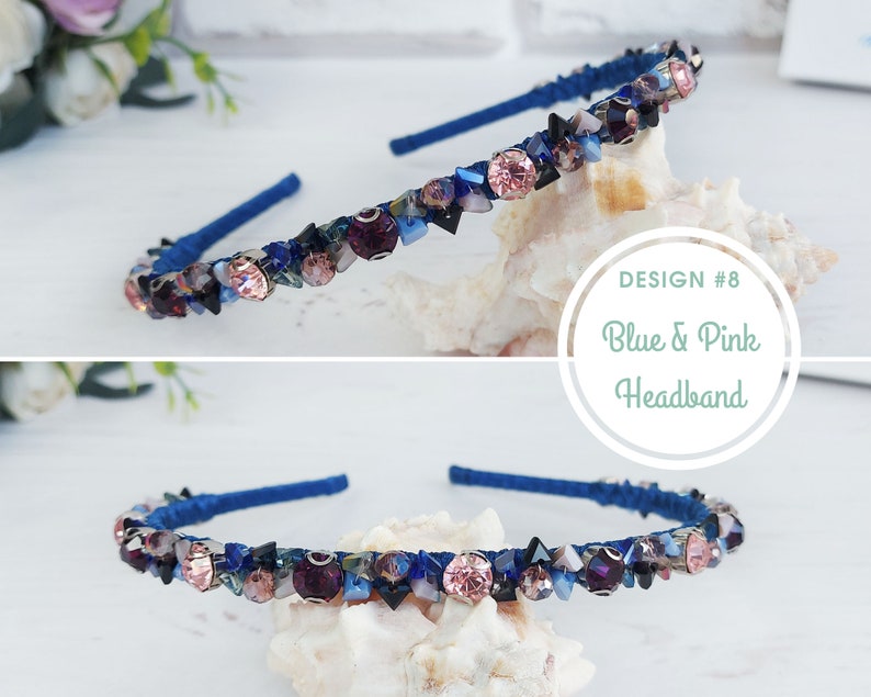 Blue red rhinestones tiara crown wedding, Bling modern hair band, Bridal crystals headpiece, Embellished sparkle headband, Beaded hair piece Design #8