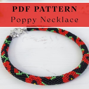 DIY Poppy seed beaded crochet necklace Pattern Red flowers beading jewelry making pattern Beaded jewelry tutorial Beadwork necklace pattern