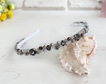 Crystals wedding bridal headband crown Gray beige beaded hair piece bridesmaid Shiny Rhinestones headpiece girl Jeweled hairband Alice band