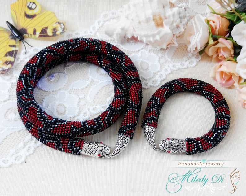 Red snake jewelry Beaded crochet necklace Trending gift for wife Red snake necklace Birthday gift for mum Bohemian python jewelry gift