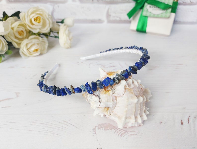 Navy blue beaded headband, Woman boho hairband, Blue crystals crown, Lapis lazuli gemstone hair accessories, Bridal wedding hair piece women image 1
