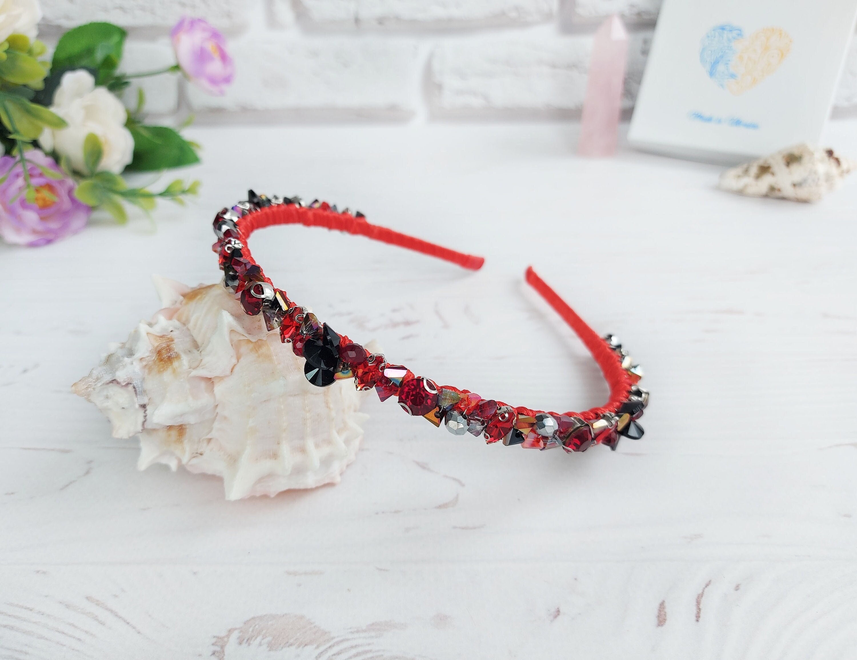 Red and Black Sequin Headband Seed Bead Red Knotted Preppy 