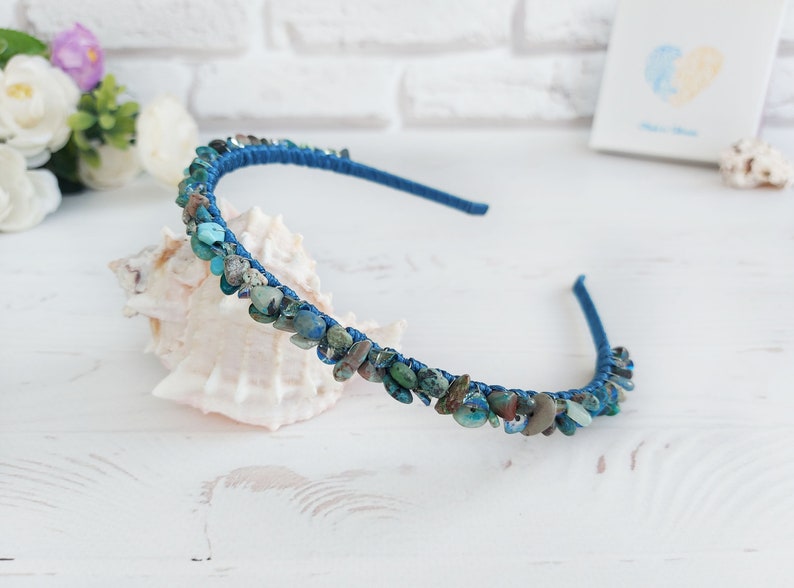 Chrysocolla gemstone headband, Blue green crystals crown girl, Sparkle Birthday hairband, Bling wedding hair jewelry, Bridal stone headpiece image 4