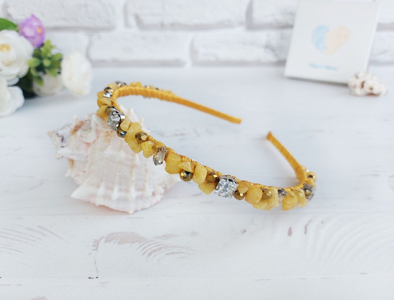 Gold crystals thin crown, Bling wedding headpiece, Beach bridal tiara crown, Yellow Quartz gemstone hair accessories, Beaded hair piece girl image 3