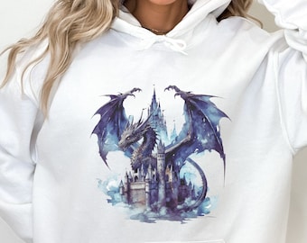 Goblincore Fantasy Dragon Hoodie Sweatshirt, Dark Cottagecore Gargoyle Dragon Hooded Sweatshirt, Dark Fairycore Dragon Hoodie Sweatshirt