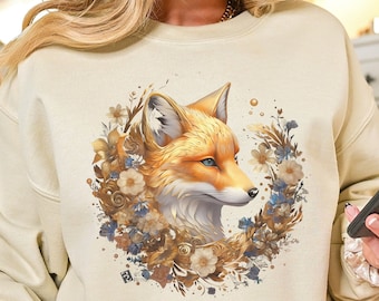 Cute Cozy Botanical Fox Sweatshirt, Cottagecore Fox Crewneck Sweatshirt, Forestcore Fox Crewneck Sweatshirt, Fox Sweater, Gift Fox Lovers