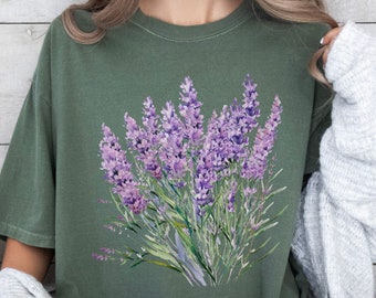 T-shirt couleur lavande cottagecore, T-shirt unisexe teint en pièce cottagecore botanique, chemise florale lavande, cadeau pour jardinier