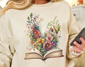 Book Lover Crewneck Sweatshirt, Booktrovert Sweatshirt, Librarian Unisex Sweater, Floral Book Lover Gift, Botanical Book Lover Sweatshirt