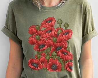 T-shirt coquelicots, t-shirt unisexe Cottagecore floral, tshirt botanique Goblincore, cadeau pour chemise amateur de plantes, cadeau pour jardinier, cadeau amateur de pavot