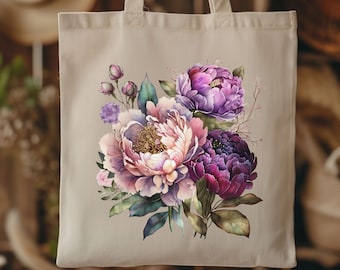 May include: A beige tote bag with a floral design featuring pink, purple, and green peonies. The flowers are painted in a watercolor style.