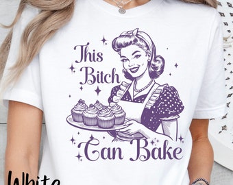 Camiseta retro divertida para hornear, camiseta divertida con el mensaje "Esta perra puede hornear", camiseta vintage para hornear, camiseta de panaderos Y2K, camiseta de chef asesino, regalo para mamá panadera