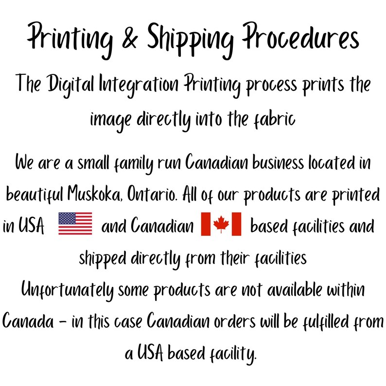 May include: Text on a white background reads "Printing & Shipping Procedures." It describes the digital integration printing process. The business is a small, family-run Canadian business located in Muskoka, Ontario.