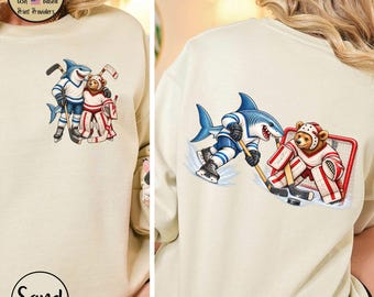 Funny Shark and Bear Hockey Shirt, Cute Hockey Goalie Sweatshirt, Hockey Player Gift, Youth Hockey Tee, Hockey Mom Dad Gift, Hockey Lovers