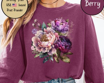 Purple Peony Comfort Colors Tee, Floral Long Sleeve T-Shirt, Purple Peony Cottagecore Shirt, Gardening Mom Shirt, Gardeners Gift, Flower Tee