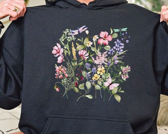 Wildflower Dragonfly Hooded Sweatshirt, Vintage Botanical Sweatshirt, Vintage Floral Sweater, Cottagecore Gardeners Shirt, Flower Lover Gift