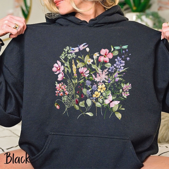 Wildflower Dragonfly Hooded Sweatshirt, Vintage Botanical Sweatshirt, Vintage Floral Sweater, Cottagecore Gardeners Shirt, Flower Lover Gift