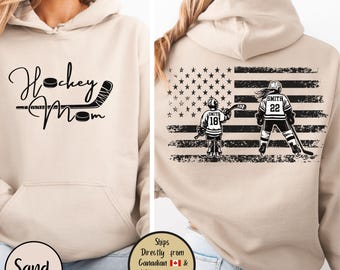 Hockey Mom Custom Hoodie, Hockey Mama Personalized Sweatshirt, Hockey Mom USA Flag Sweater, Hockey Lover Shirt, Hockey Mom Gift, Game Day