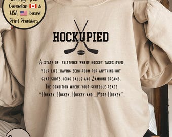 Funny Hockey Crewneck Sweatshirt, Hockupied Definition Sweater, Humorous Hockey Defined Sweatshirt, Hockey Dad Present, Hockey Mom Gift