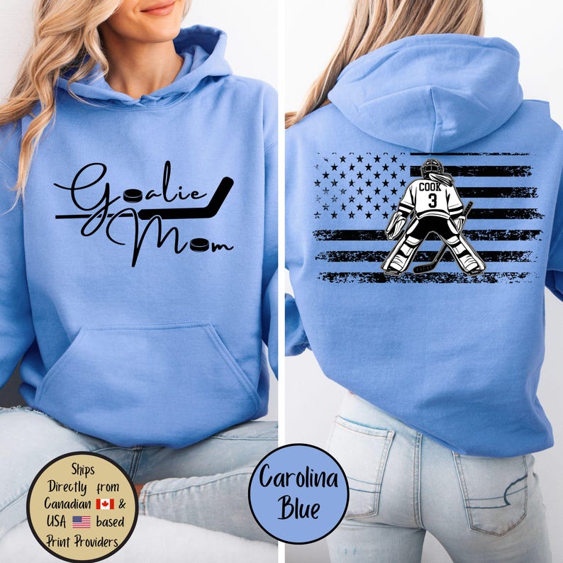 Goalie Hockey Mom Custom Hoodie, Goalie Mama Personalized Sweatshirt, Hockey Mom Sweater, Hockey Lover Shirt, Hockey Mom Gift,Game Day Sweat Carolina Blue