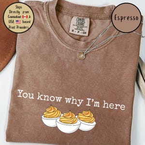 May include: Espresso-colored t-shirt with the text "You know why I'm here" and an illustration of deviled eggs. The shirt has a crew neck and short sleeves. A silver necklace with a pendant is visible.