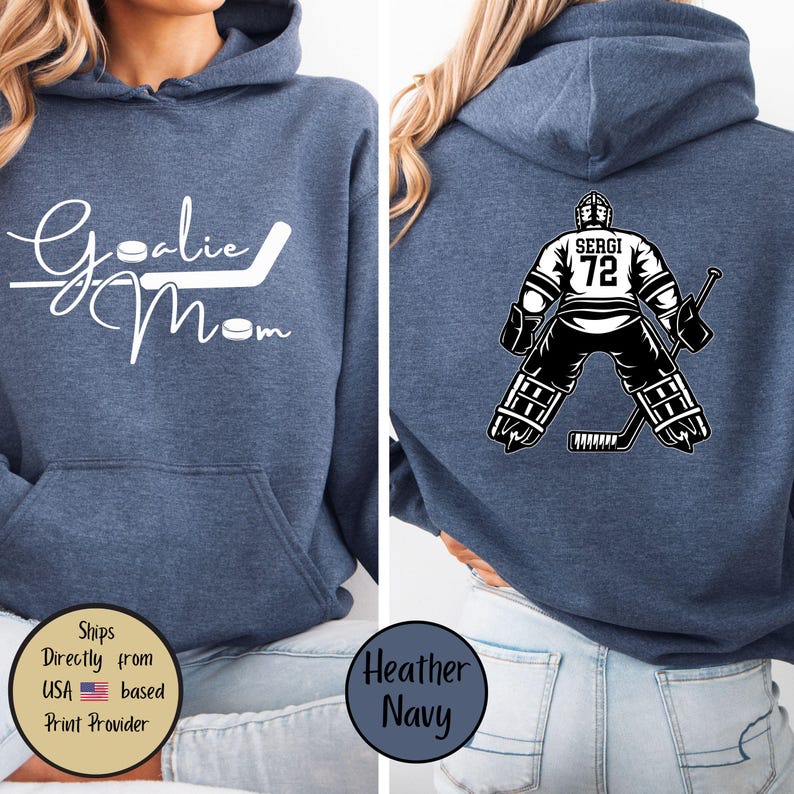 Goalie Hockey Mom Custom Hoodie, Goalie Mama Personalized Sweatshirt, Hockey Mom Sweater, Hockey Lover Shirt, Hockey Mom Gift,Game Day Sweat Heather Navy