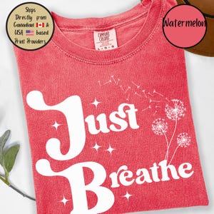 May include: A red t-shirt with the words "Just Breathe" in large white letters. The shirt features a dandelion design and the colour is labelled "Watermelon". The shirt is a Comfort Colors brand.