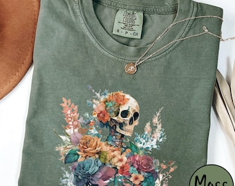 Goblincore Skeleton Comfort Colors Tee, Botanical Skeleton T-shirt, Goblincore Floral Skeleton Gift, Skeleton Lover Gift, Halloween Shirt