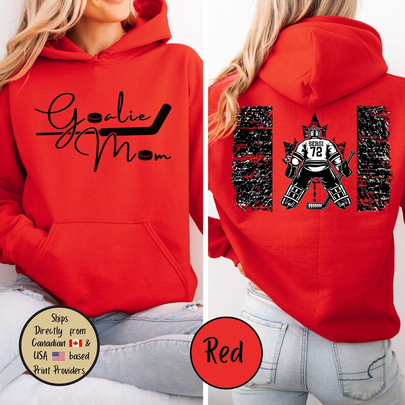 Goalie Hockey Mom Custom Hoodie, Goalie Mama Personalized Sweatshirt, Hockey Mom Sweater, Hockey Lover Shirt, Hockey Mom Gift,Game Day Sweat Red