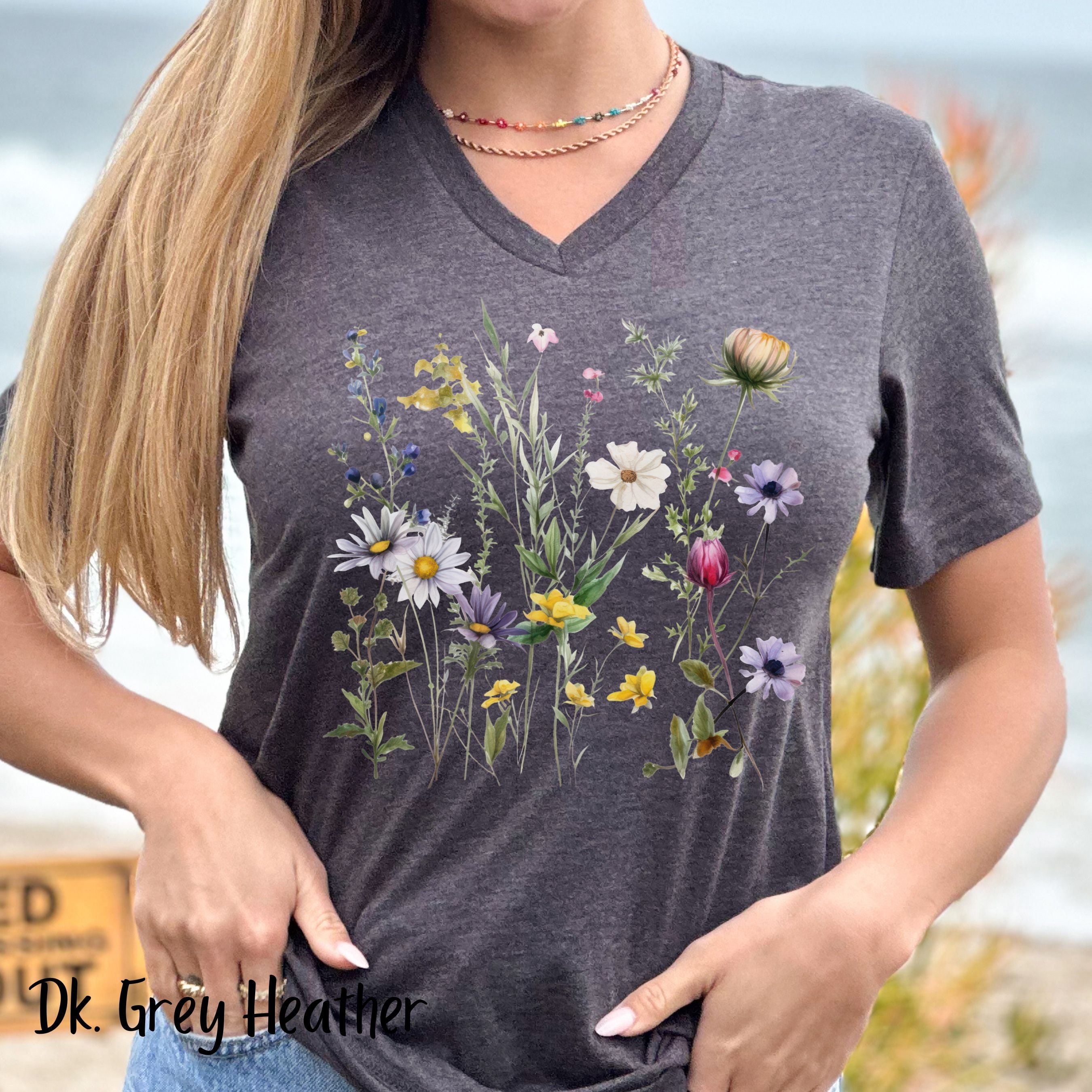 Wildflowers Cottagecore V-Neck Tee, Boho Wildflowers T-Shirt, Dainty Flowers Tee, Granola Girl Shirt, Wild Flowers Shirt, Gift for Gardener